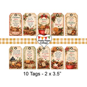 Può includere: Dieci etichette regalo rettangolari in carta con illustrazioni vintage di pot-pourri natalizio alle spezie, bastoncini di cannella, fette di arancia essiccata e testo festivo. Ogni etichetta misura 5,08 x 8,89 cm e ha un foro.