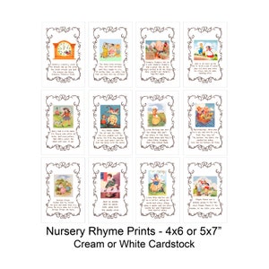 Nursery Rhyme Prints, 12 Cards, 4x6 or 5x7, Vintage Mother Goose, Storybook Theme, Baby Shower, Birthday Party, Wall Decoration, Centerpiece