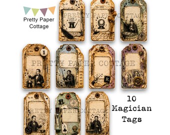 Antique Magician Tags: Printable Party Favors, Gifts, Crafts, (10) 2 x 3.25"