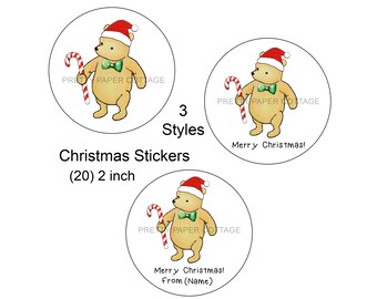 Santa Winnie the Pooh, Merry Christmas Stickers, Gift Stickers, 3 Styles, Christmas, Food Labels, (20) 2 inch