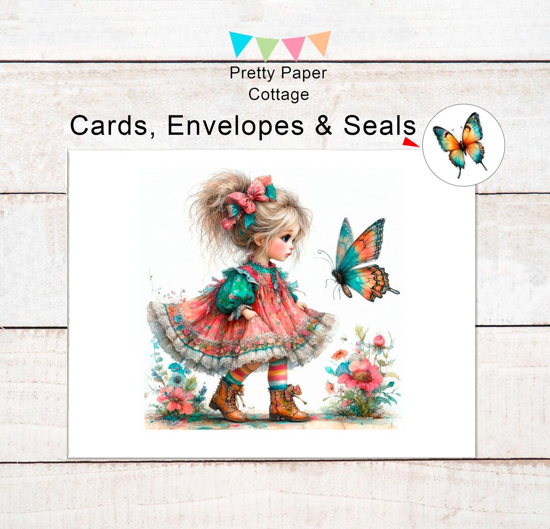 Girls & Butterfly Cards: Envelopes and Seals Included, (set of 4) - Etsy