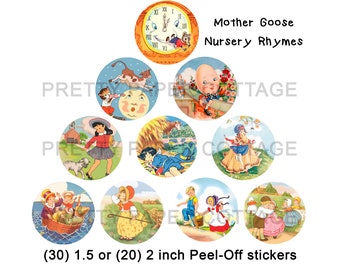 Mother Goose Stickers: Vintage Nursery Rhyme, Party Favors (4 Sizes)