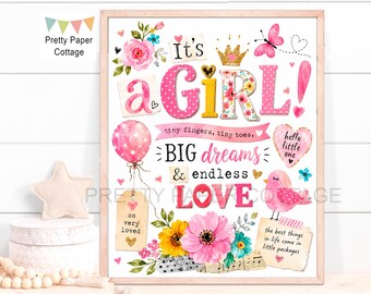 It's a Girl: Baby Shower Print, Nursery Decor (8 x 10")