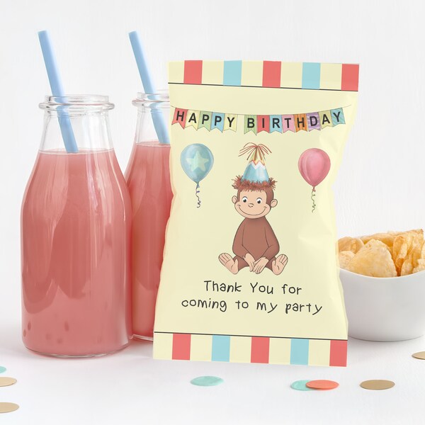 thumbnail interactive-video image 1 of 12 Curious George 2.5" Sticker Labels – Bag Treat Box Birthday Party Favor, Cartoon Theme 1 of 2