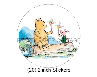 Winnie the Pooh & Piglet, Pinwheels, Birthday Party Stickers, Party Favors, Favor Bag Stickers, Candy Stickers, (20) 2 inch