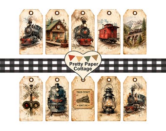 Vintage Train Gift Tags: Birthday,  Party Favors. Crafts, (10) 2 x 3.5 in.