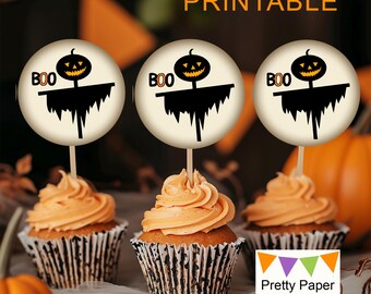 Vintage Halloween Cupcake Toppers zum Ausdrucken: Kürbis Vogelscheuche, (12), Digital