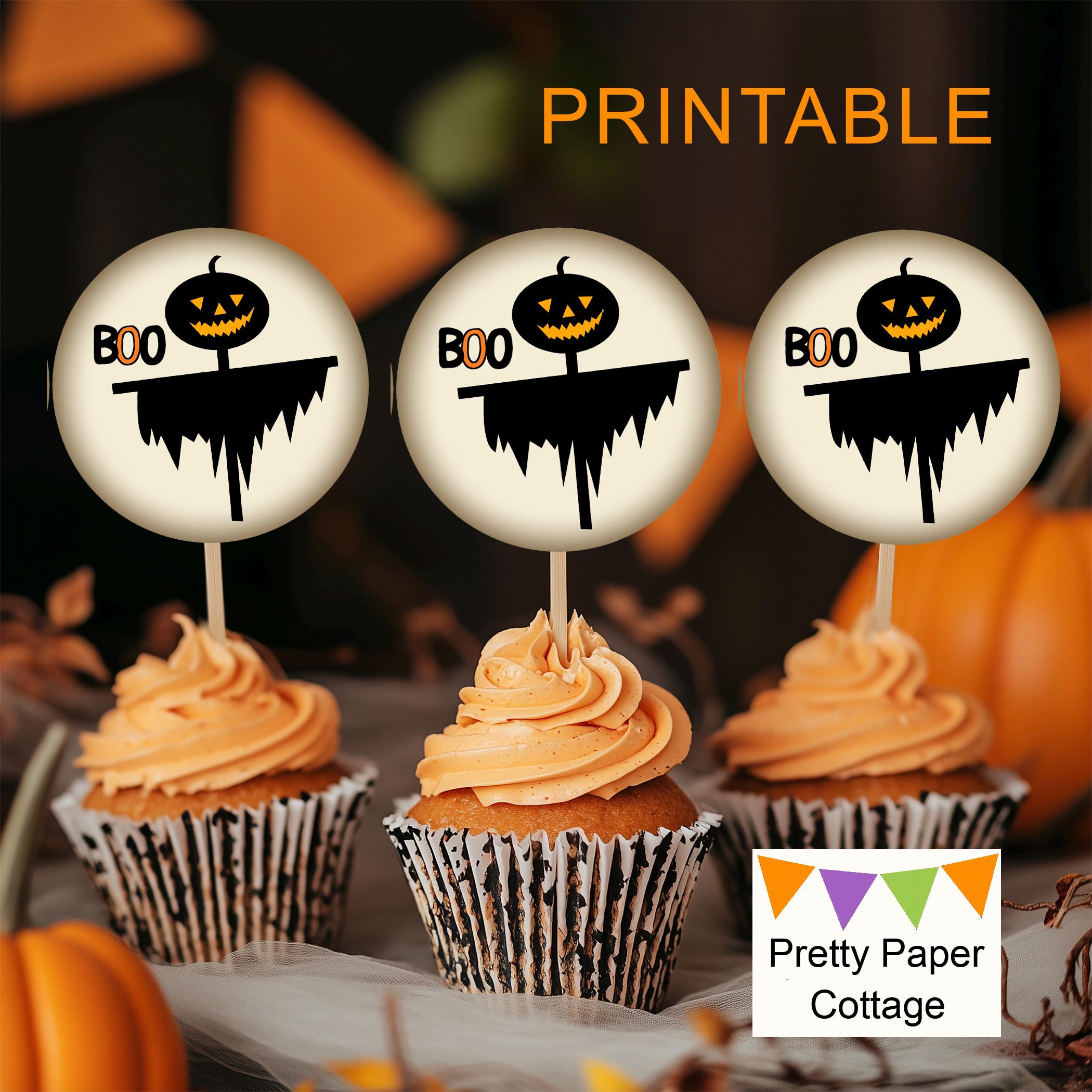 印刷可能なヴィンテージハロウィンカップケーキトッパー：かぼちゃの