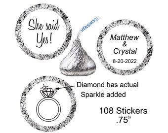 She Said Yes, Personalized Engagement Stickers, Hershey Kiss Stickers, Engagement Party, Favors, Sparkling Diamond, (2nd Photo), (108) .75"