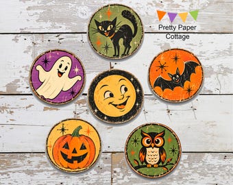 Artículos efímeros vintage de Halloween con estilo retro atómico: 2 pulgadas, círculos de cartulina, manualidades, diarios, juego de 6, envío incluido.