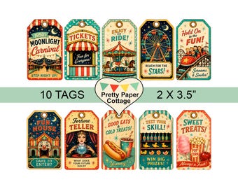 Moonlight Carnival Gift Tags: Retro 1950's, Birthday, Party Favors, Crafts, (10) 2 x 3.5 in.