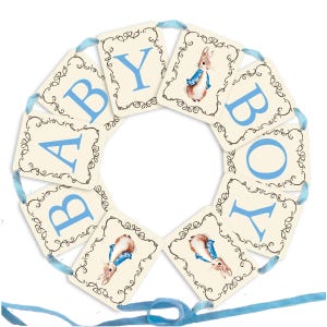 BANNER KIT, Peter Rabbit, Blue Coat, Baby Boy, Blue Font, Blue Ribbon, Baby Shower, Cream or White Cardstock, Cards 4.25 x 5.5 inches