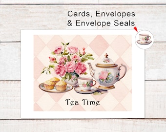 Tea Time Cards, Envelopes & Seals: Blank Inside (Set of 4) 5.5 x 4.25"