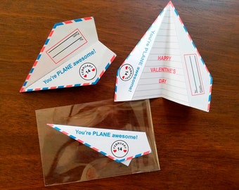 Paper Airplane Valentine, You're PLANE Awesome, Happy Valentine's Day, PRINTABLE, PDF, 2 Planes per sheet, Folded size 3.25 x 5.5 in.