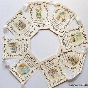 BANNER KIT, Peter Rabbit, Beatrix Potter, Story Book Quotes, Baby Shower, Birthday, Banner, Ribbon Matches Cardstock. 8 Cards, 4.35x5.5 in. image 1