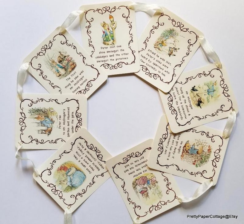 BANNER KIT, Peter Rabbit, Beatrix Potter, Story Book Quotes, Baby Shower, Birthday, Banner, Ribbon Matches Cardstock. 8 Cards, 4.35x5.5 in. image 1