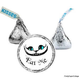 Cheshire Cat Favor Stickers, Hershey Kiss Stickers, Eat Me, Alice in Wonderland, Birthday Party, Baby Shower, Stickers, (108) .75 inch