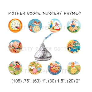 Nursery Rhymes, Vintage Mother Goose, Hershey Kiss Sticker, Baby Shower, Birthday, Party Favors, Candy Stickers,Envelope Seals, 108 Stickers