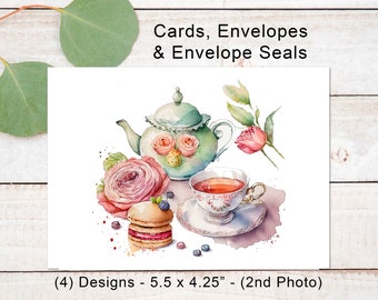 Tea Party, Note Cards, Bridal Shower, French, Tea Party Theme, Cards, Colorful, 5.5 x 4.25 with Envelopes & Envelope Seals