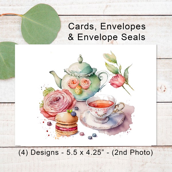 Tea Party, Note Cards, Bridal Shower, French, Tea Party Theme, Cards, Colorful, 5.5 x 4.25 with Envelopes & Envelope Seals