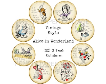 Pegatinas con citas de Alicia en el País de las Maravillas: Recuerdos de fiesta de estilo vintage, (20) 2 pulgadas, Envío incluido