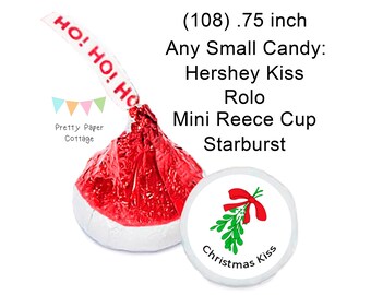 Christmas Kiss, Hershey Kiss Stickers, Mistletoe, Christmas Stickers, Candy Stickers, Party Favors, Small, Envelope Seals, 108 Stickers