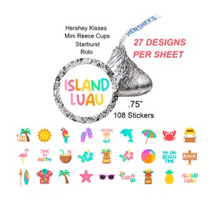 Hawaiian Luau Stickers, Hershey Kiss Stickers, Colorful, Beach Theme, Party Favors, Envelope Seals,108 Stickers with 27 Different Designs
