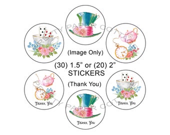 Alice in Wonderland Stickers: Mad Hatter Tea Party Shower Favors (1.5 or 2 inch)