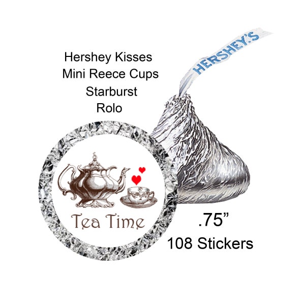 Tea Time, Hershey Kiss Stickers, Teacup, Teapot, Tea Party, Bridal Shower, Candy Stickers, Favors, Stickers, Envelope Seals, 108 Stickers