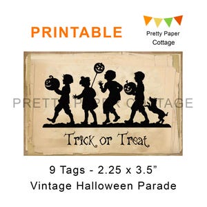 Halloween Trick or Treat Tags, Children Silhouette, Costume Parade, Vintage Style, JPG, Printable, Digital Download, 9 Tags, 2.25 x 3.5 in.