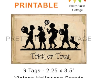 Printable, Vintage Halloween Parade Tags: Children Trick or Treat, (9) 2.25  x 3.5 in.