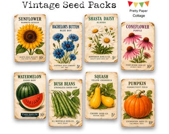 Vintage Printable Seed Packs: Crafts, Junk Journals, 8 Pieces