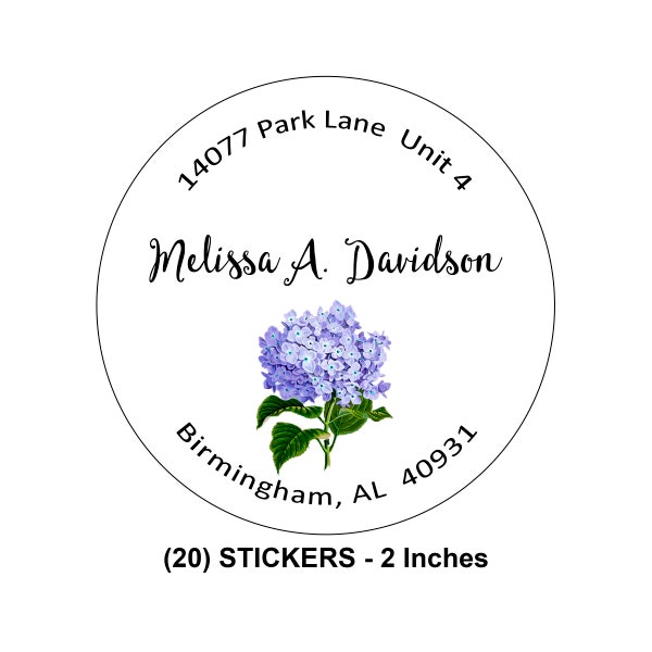 Purple Hydrangea Address Labels, 2 inch, Round, Personalized, Custom, Floral Theme, Return Labels, Mailing Labels, Labels