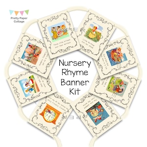 BANNER KIT, Mother Goose Nursery Rhymes, DIY, Storybook Theme, Baby Shower, Birthday Party, Cream Cardstock, Card Size 4.25x5.5 inches