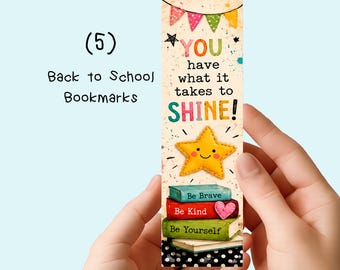 Back to School Bookmarks: Printable, Student Gift, Party Favors, (5) 2 x 6.5"