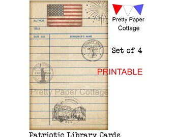 Patriotic Library Cards: America Theme, 4 Cards, (3x5") Digital