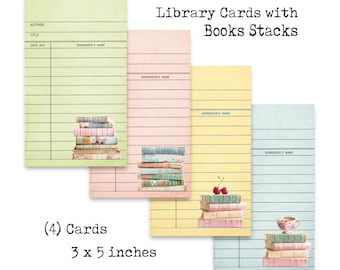 Colorful Library Cards with Stacked Books: Junk Journal Ephemera (3x5 inches)