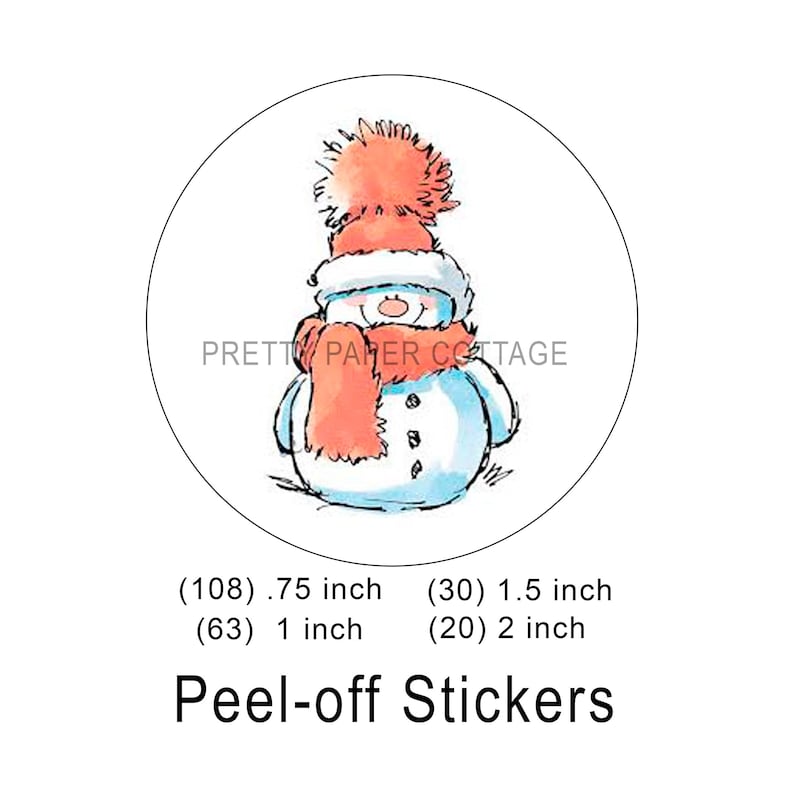 May include: A set of peel-off stickers featuring a snowman wearing a red and white hat and scarf. The stickers are available in three sizes: 0.75 inch, 1 inch, and 1.5 inch.