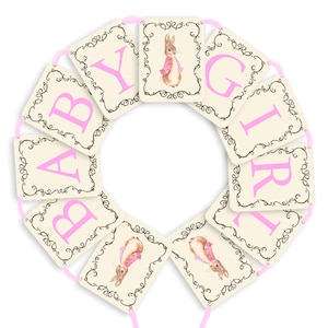 BANNER KIT, Flopsy Rabbit, Pink Coat, Baby Girl, Pink Font, Pink Ribbon, Peter Rabbit, Baby Shower, Cream or White Cardstock, Cards 4.25x5.5