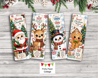Christmas Bookmarks: Printable, Kids Party Favors, Gifts, Crafts, (4) 2.25 x 7"