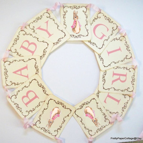 BANNER KIT, Flopsy Rabbit, Pink Coat, Baby Girl, Pink Font, Pink Ribbon, Peter Rabbit, Baby Shower, Cream or White Cardstock, Cards 4.25x5.5