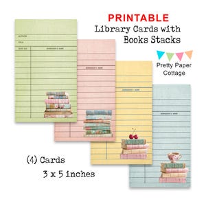 May include: Printable library cards with book stacks in various pastel colors. Each card features lines for author, title, and borrower's information. The cards are 3 x 5 inches and include the text "Printable Library Cards with Books Stacks."