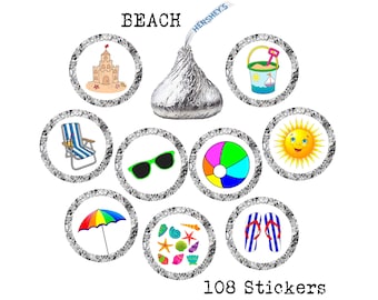 Beach Stickers, Hershey Kiss Stickers, Beach Party, Beach theme, Birthday Party, Stickers, Envelope Seals, Letter, Stickers, 108 Stickers