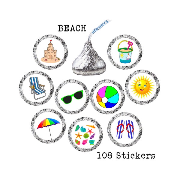 Beach Stickers, Hershey Kiss Stickers, Beach Party, Beach theme, Birthday Party, Stickers, Envelope Seals, Letter, Stickers, 108 Stickers