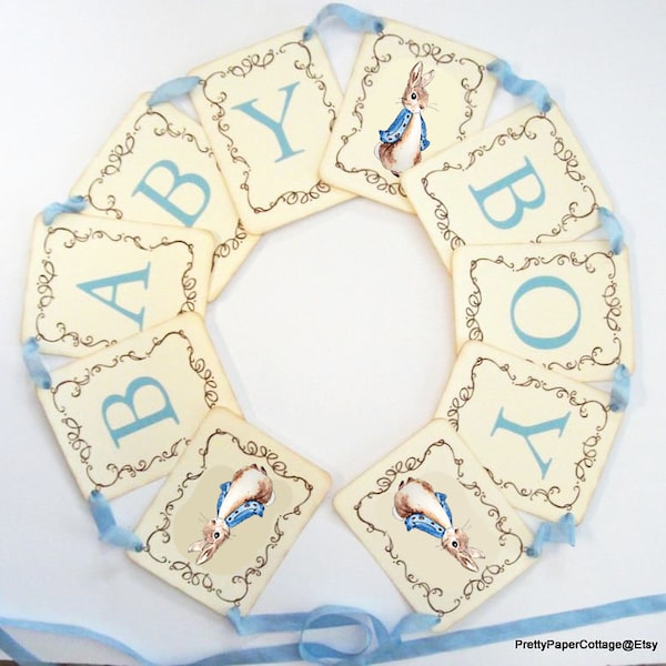 BANNER KIT, Peter Rabbit, Blue Coat, Baby Boy, Blue Font, Blue Ribbon, Baby Shower, Cream or White Cardstock, Cards 4.25x5.5 inches