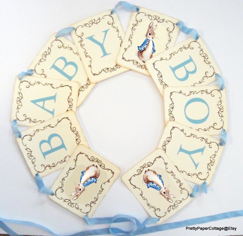 BANNER KIT, Peter Rabbit, Blue Coat, Baby Boy, Blue Font, Blue Ribbon, Baby Shower, Cream or White Cardstock, Cards 4.25 x 5.5 inches