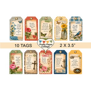 Può includere: Un set di 10 etichette rettangolari in carta che misurano 2 x 3,5 pollici, ognuna con un design a collage unico con motivi floreali, farfalle, uccelli e testi religiosi. Le etichette presentano occhielli rinforzati per essere appese.