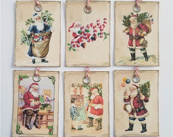 Vintage Santa Claus Tags, Christmas Gift Tags, Merry Christmas, Happy Holidays, Red & White Twine, 2 x 3 inches