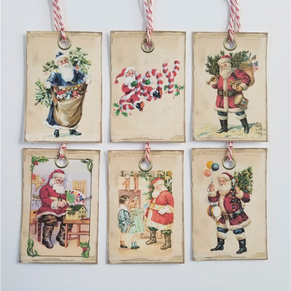 Vintage Santa Claus Tags, Christmas Gift Tags, Merry Christmas, Happy Holidays, Red & White Twine, 2 x 3 inches