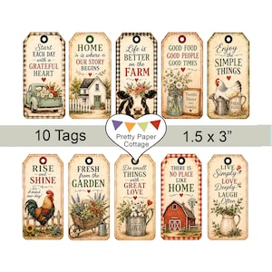May include: A set of 10 rectangular paper tags measuring 1.5 by 3 inches, each featuring rustic farm-themed illustrations and inspirational text such as Start Each Day With A Grateful Heart, Life Is Better On The Farm, and Rise And Shine.